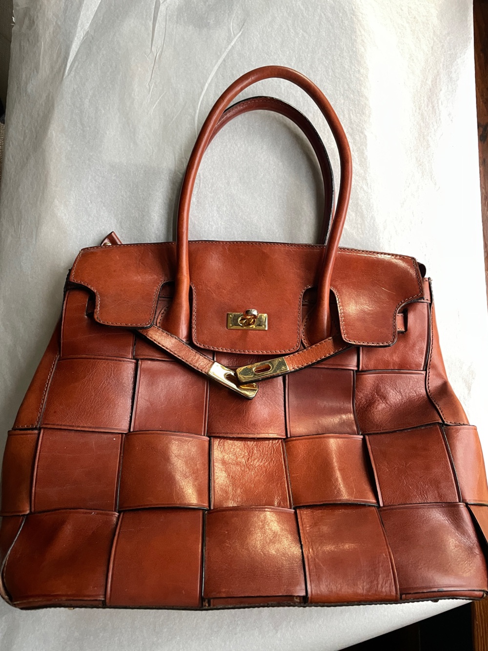 PARADOX // Woven Leather Kelly Tote Bag in Cognac Whiskey Brown top handle